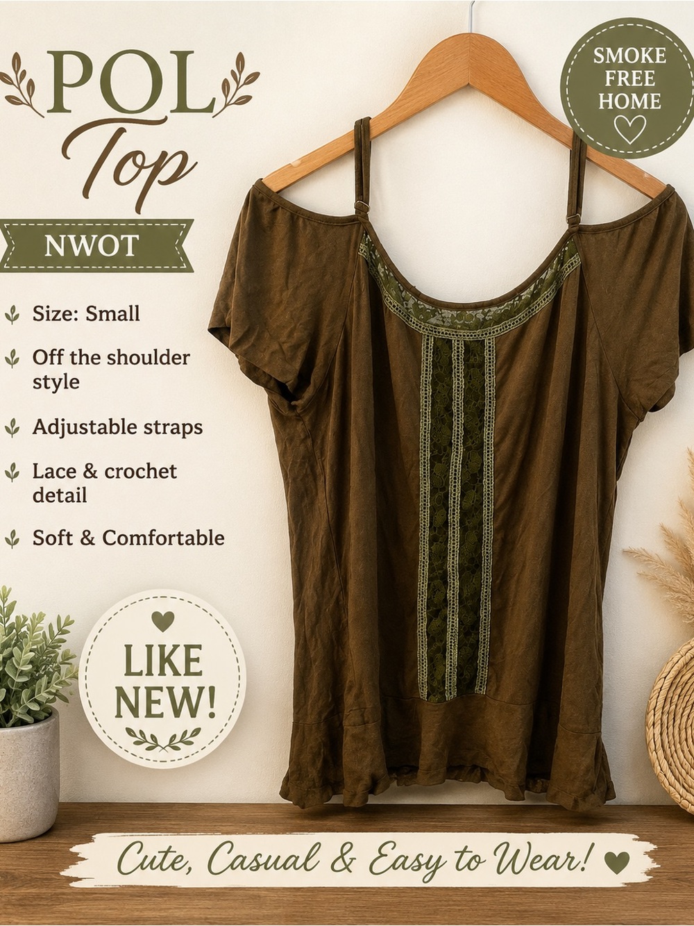 POL Olive Cold-Shoulder Tunic with Green Embroidered Panel NWOT
